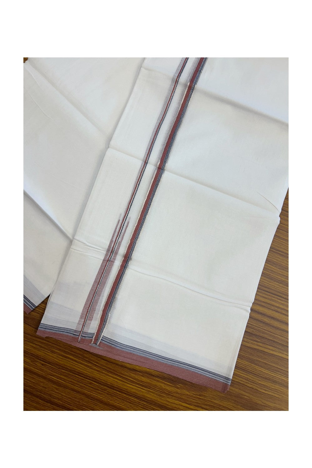 20% Discount !! Kaitharikada Balaramapuram 100% Cotton PURE WHITE DOUBLE Mundu/Dothi- 100X80 Thread - 0.5 inch - Silver Kasavu Black & Brick Red Design Chutty Kara - 9KK5184RAMS