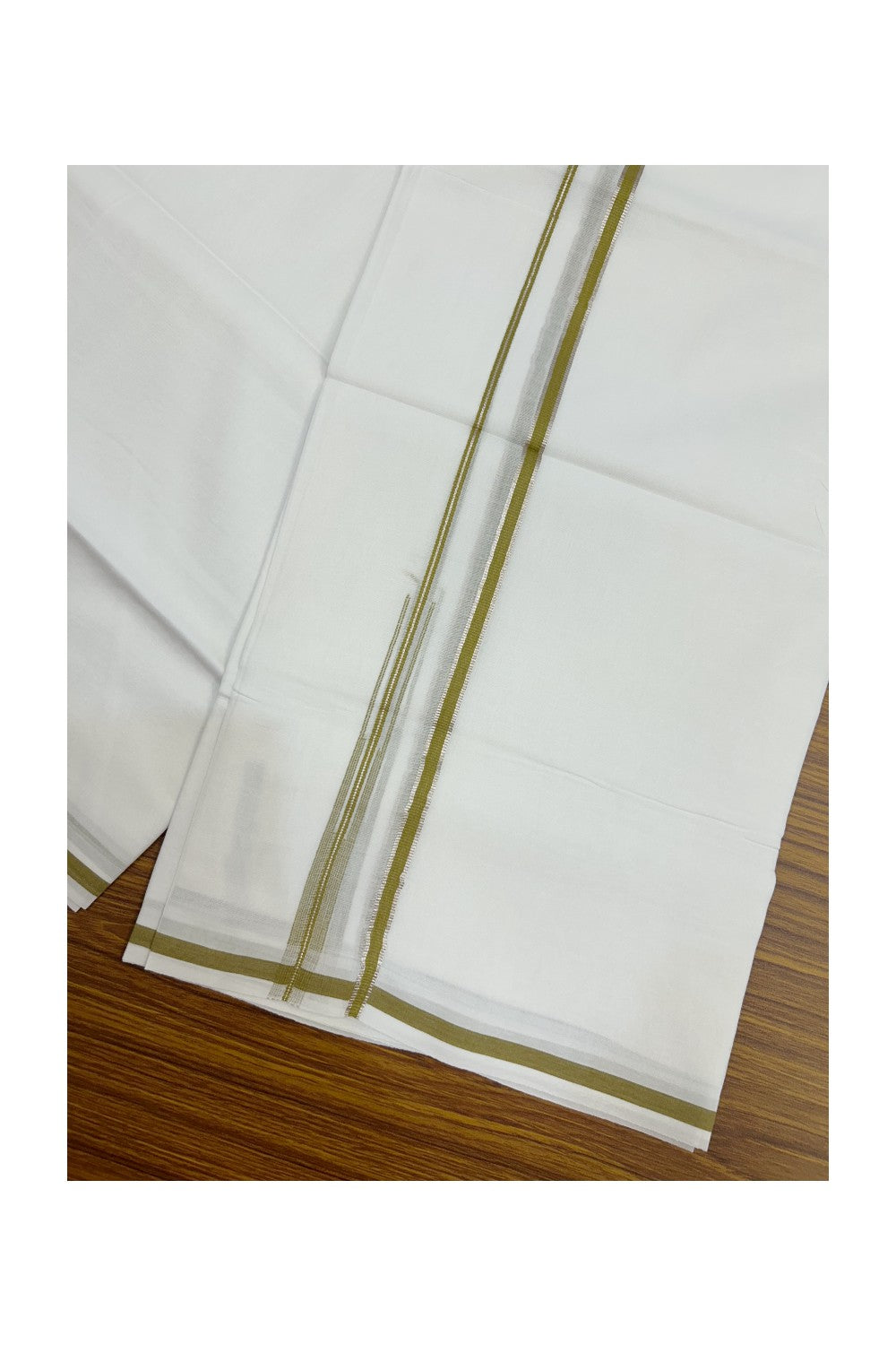 20% Discount !! Kaitharikada Balaramapuram 100% Cotton PURE WHITE Double Mundu/Dothi - 100x80 - 0.25 inch Silver Kasavu & Olive Yellow Chutty Kara - 9KK5191CKS