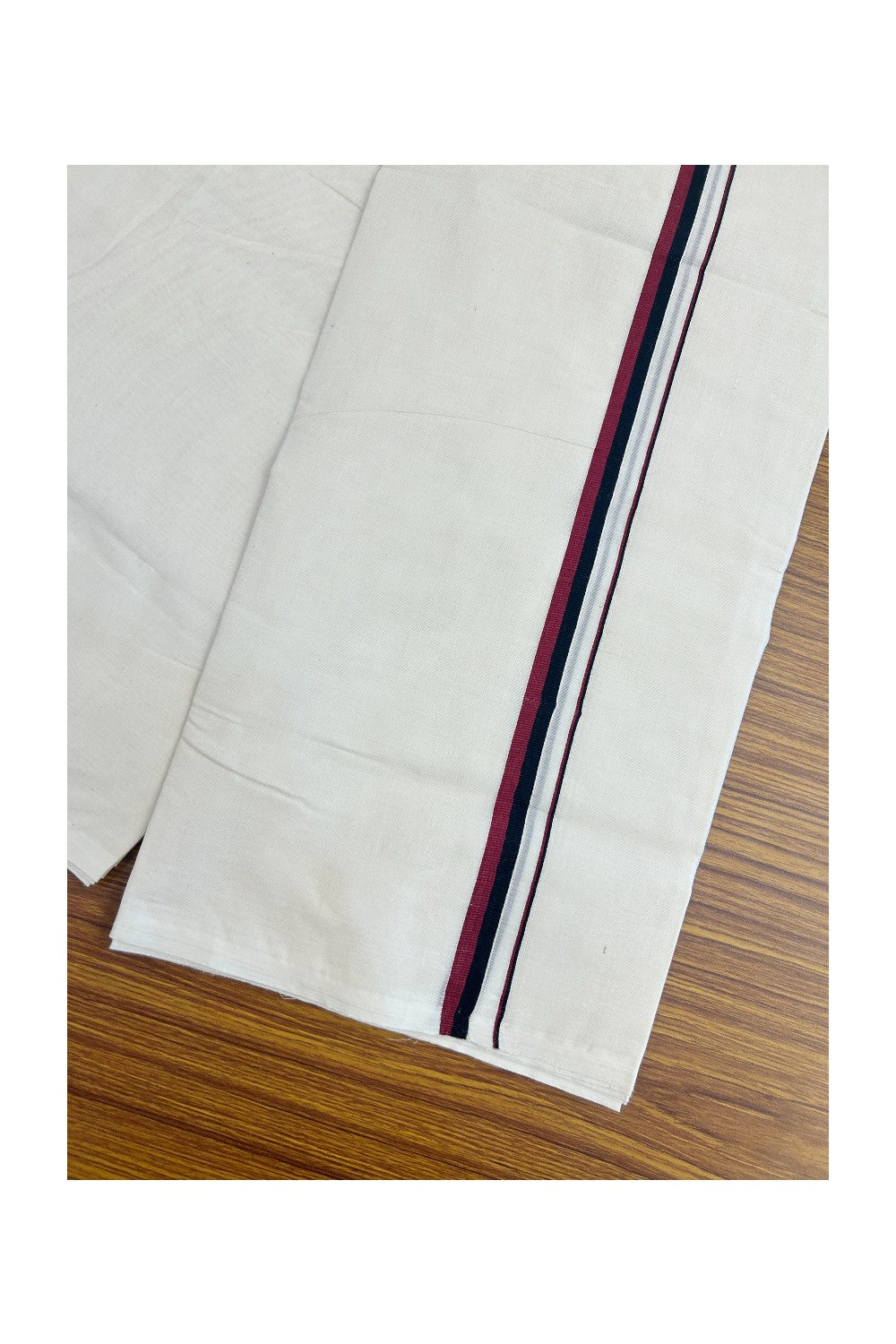 DMK Veshti - 20% DISCOUNT! KaithariKada 100% Cotton off white Double - (Unbleached) Mundu/Dhoti - 100X100 - 0.5 inch Black & Maroon kara 3.75 m (8 muzham)- 9KK5198ASH