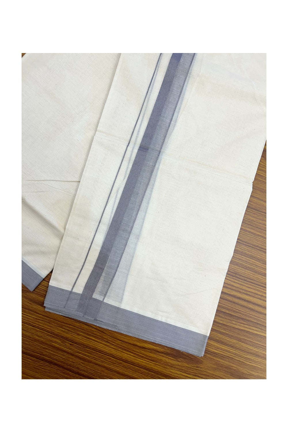 24% Discount ! KaithariKada Balaramapuram 100% Cotton Double OFF WHITE- (Unbleached) - Mundu / Dhoti- 100x80 - 1.5 inch Ash Grey Kara - 9KK5214 MC