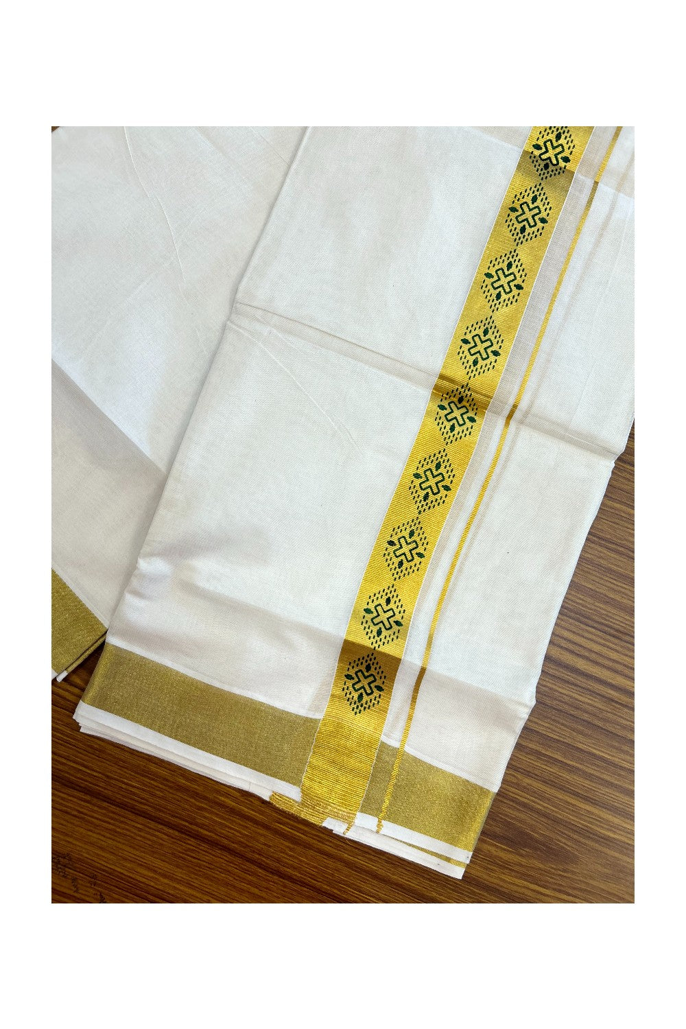 22% Discount!! KaithariKada Balaramapuram 100% Cotton DOUBLE OFF WHITE - (Ubleached) Mundu/Dhoti - 80x90 - 1.5 inch Gold Kasavu with Dark Green Printed Design Kara - 9KK5219 GAN