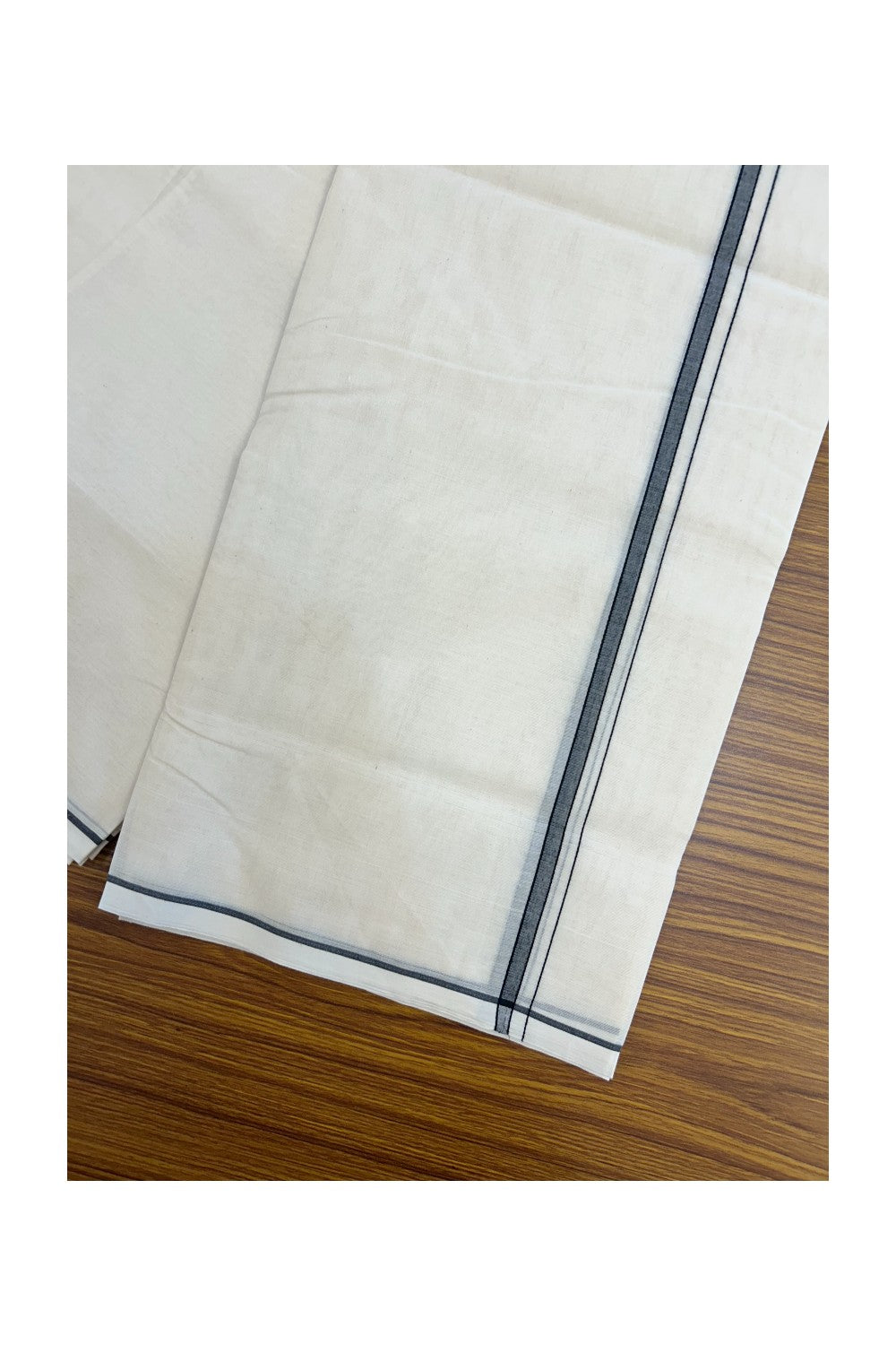 20% DISCOUNT! KaithariKada Balaramapuram 100% Cotton Double Off white - (Unbleached) - Mundu/Dhoti- 100x100 - 0.25 inch Black Shaded Thin Kara - 4 mtr ( 8.5 muzham)- 9KK5228 ASH