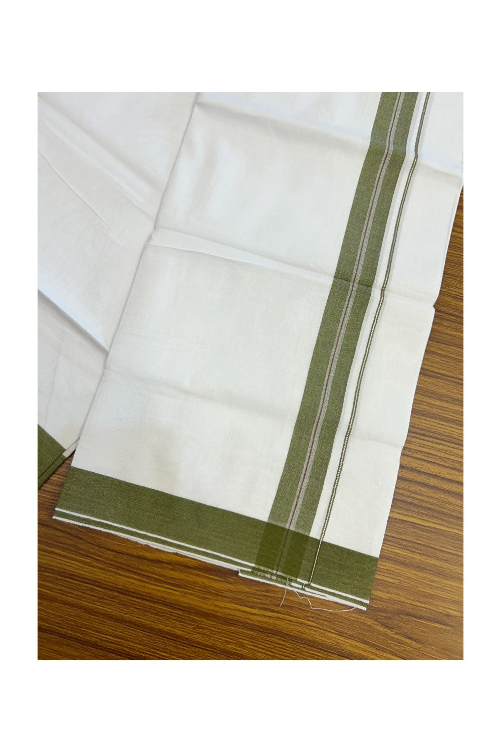 24% Discount !! KaithariKada Balaramapuram 100% Cotton Pure white Single Mundu/Dhoti - Twisted 60s Thread- 1.25 inch Silver Kasavu Olive Green & Purple Shaded Striped Kara (2 meter / 4 muzham) - 9KK5241 GL