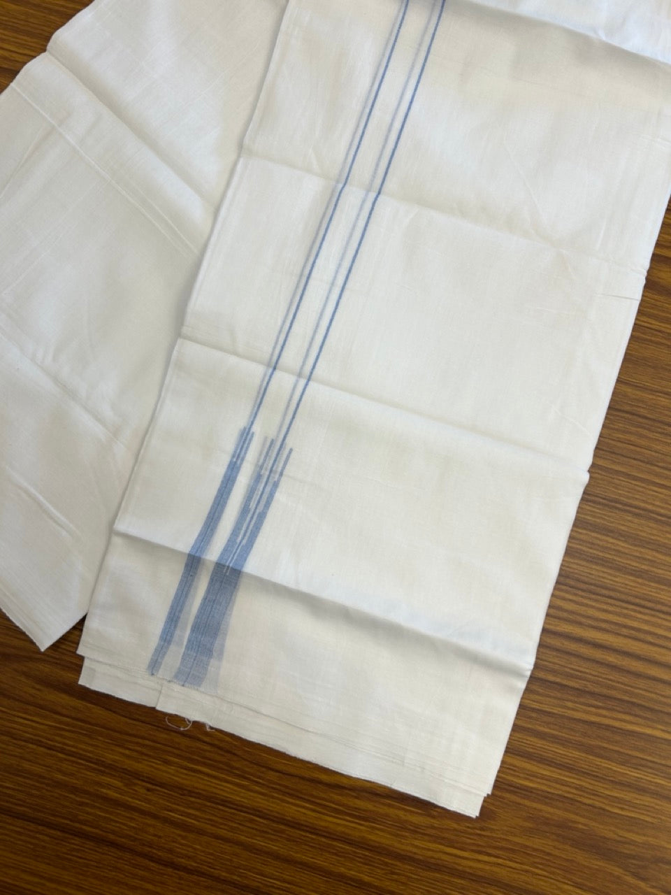 20% DISCOUNT!! NEW!! KaithariKada Balaramapuram 100% Cotton PURE WHITE Double Mundu/Dhoti - (100x80)s - 0.75 inch Blue Line chutty - 9 KK5249 VIN