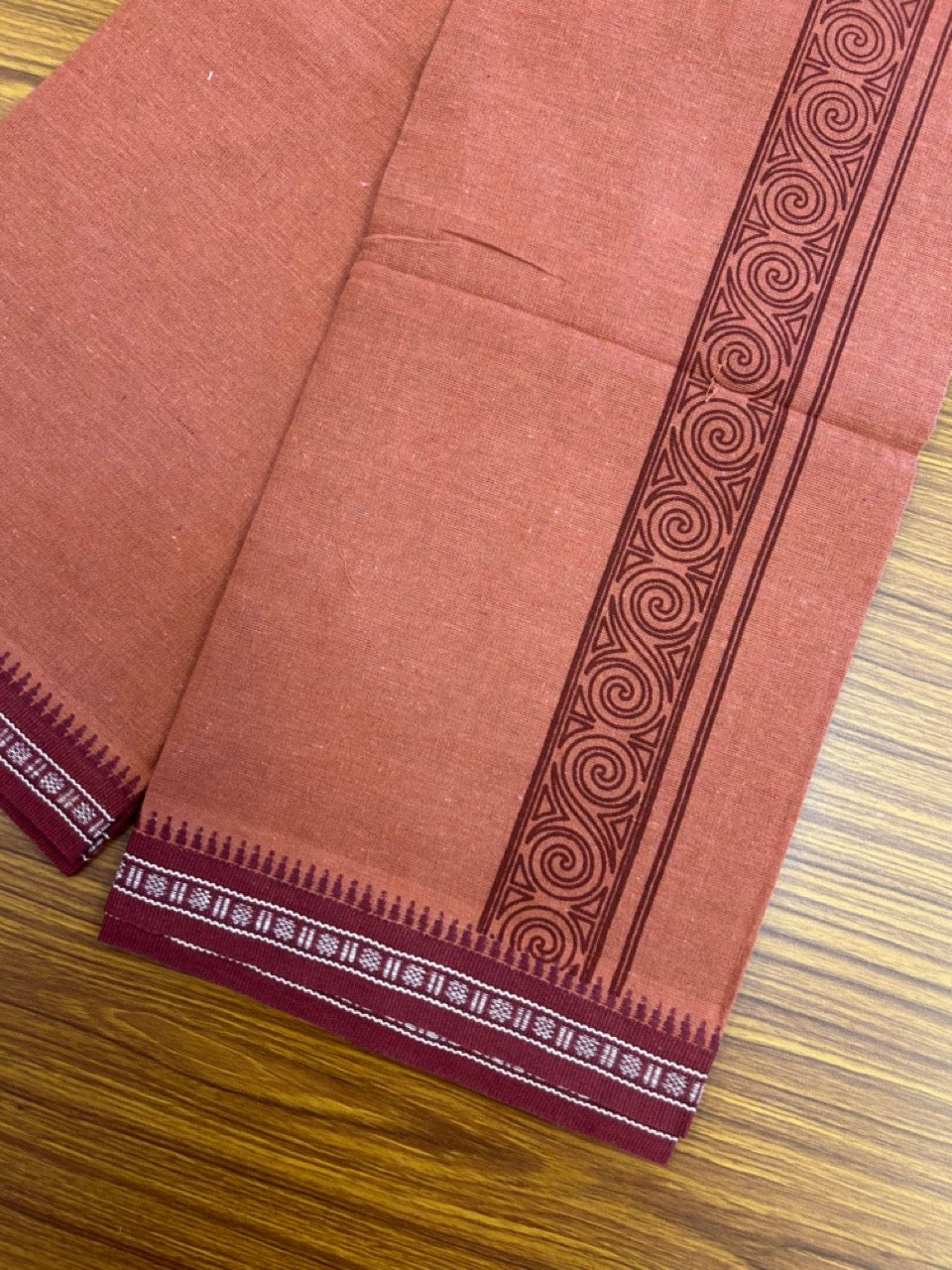 8% Discount!!! Kaitharikada 90% cotton 5 % Polyster Single KAVI - Kaily / Lungi - 3.25 inch Maroon Tribal Kuppadam Border (2 meter / 4 muzham) - 9KK8027 AS