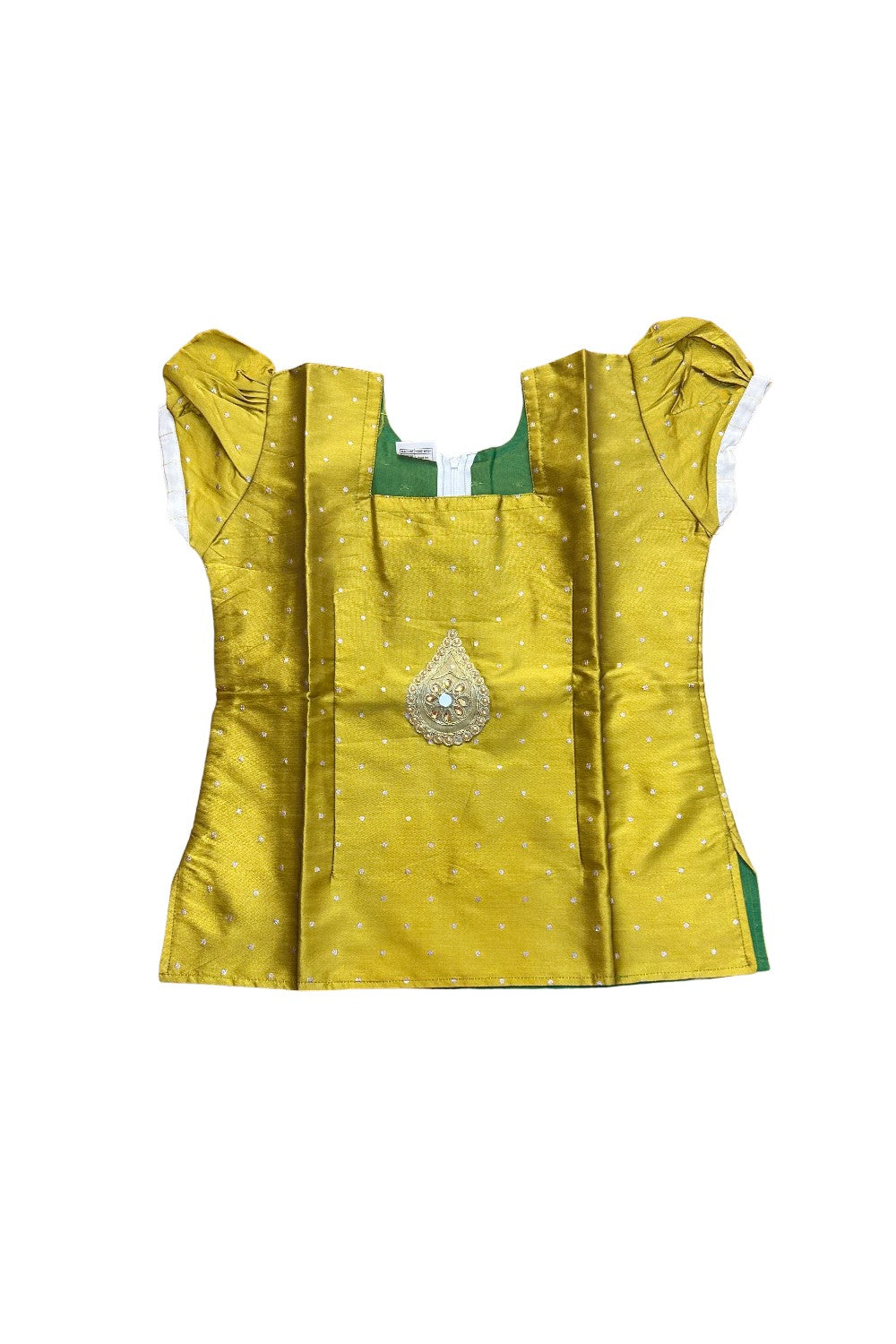 Midukki-Traditional South Indian Kids Pattu Pavada- Olive green top offwhite check skirt with kasavu- Age 10 - KK10MID009