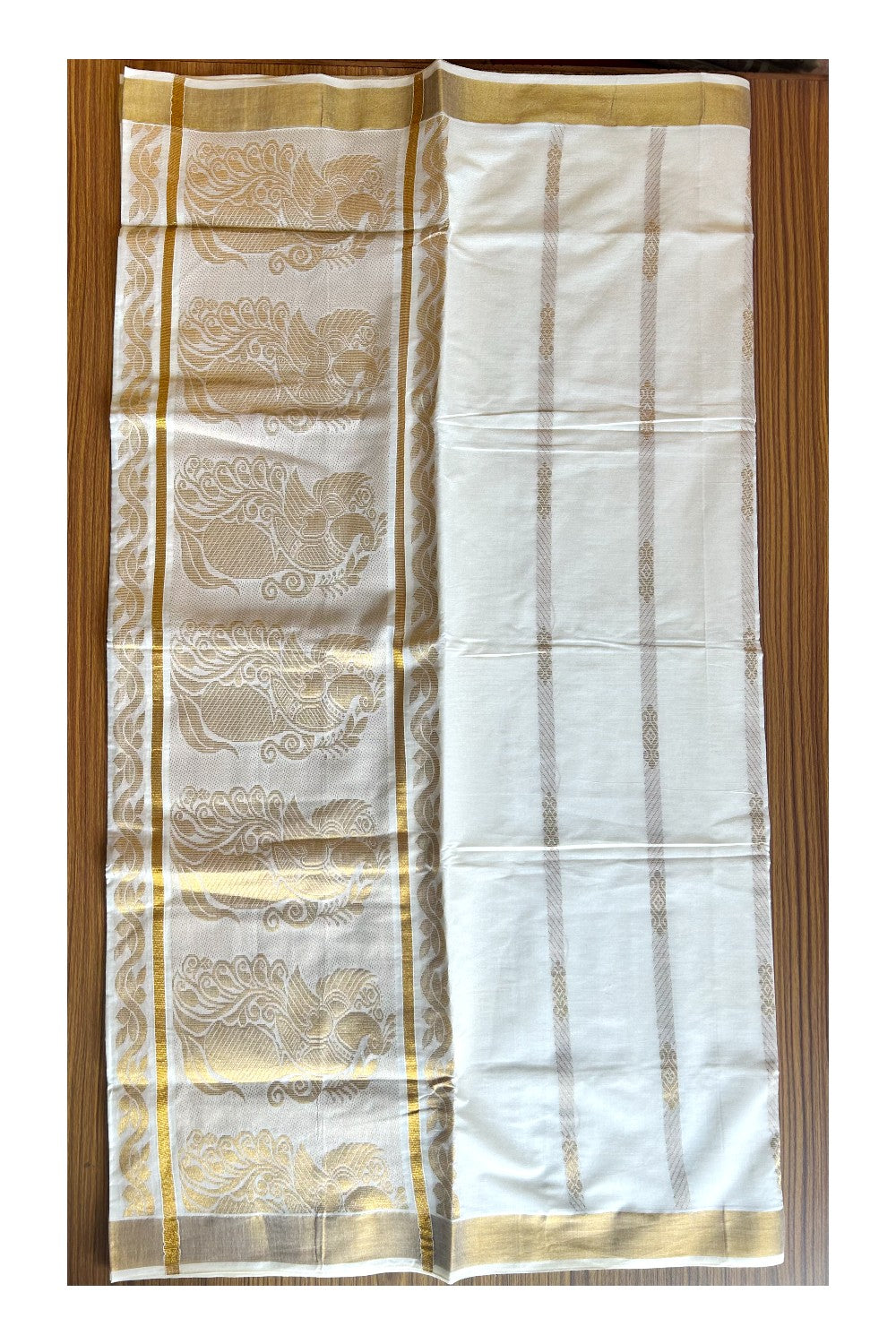 23 % Discount!!! Kaitharikada Kerala Cotton Saree Off white  - 30 inch Kasav Zari with Peacock Pattern Putta Design- 9KK1002JEE