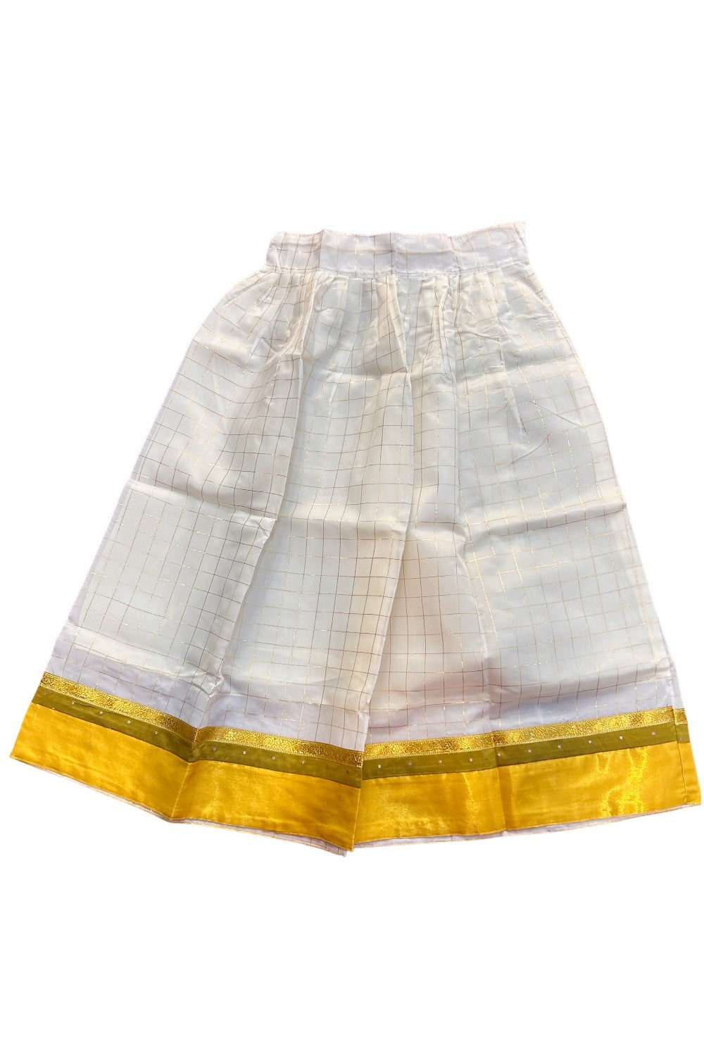Midukki-Traditional South Indian Kids Pattu Pavada- Olive green top offwhite check skirt with kasavu- Age 10 - KK10MID009