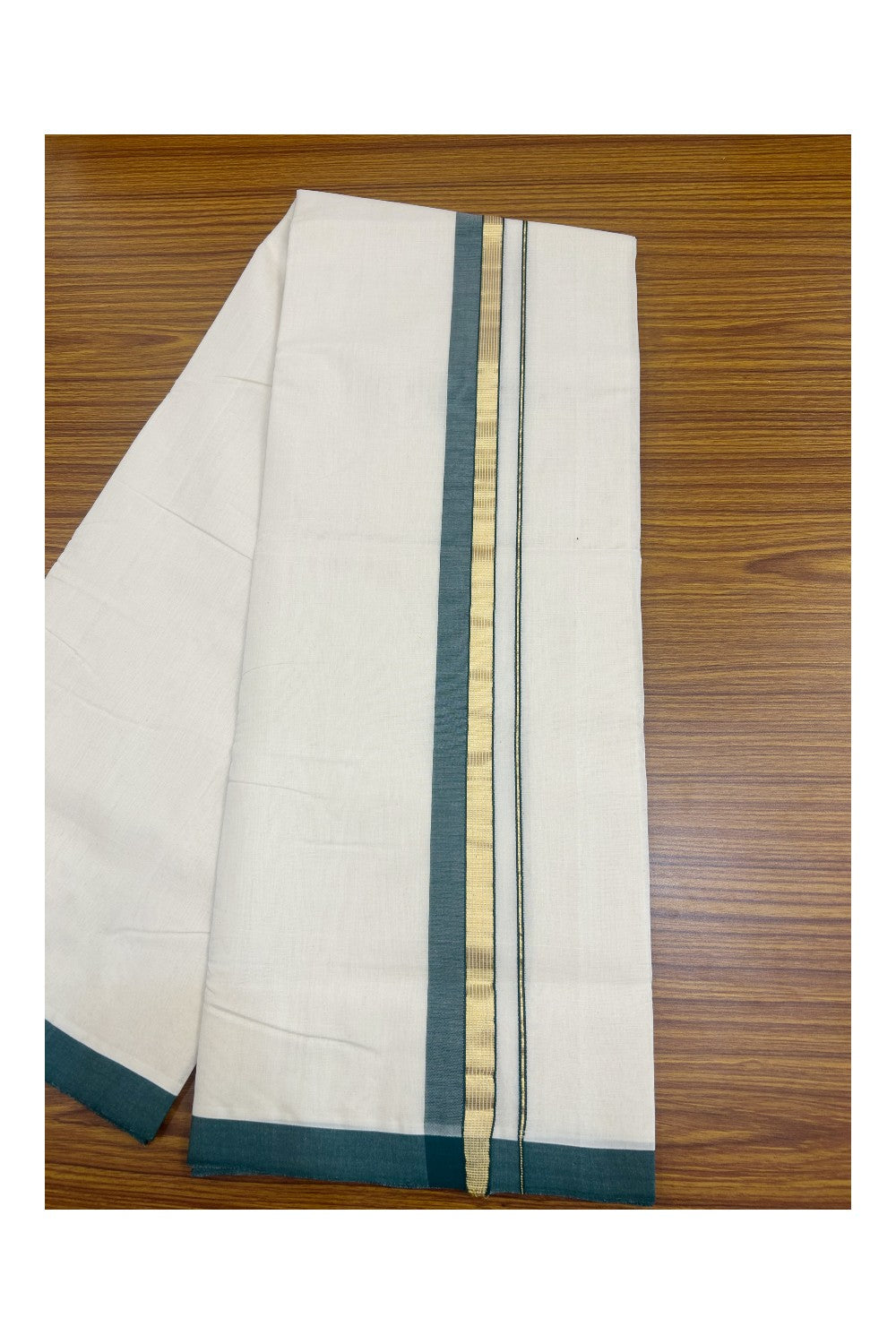 31% DISCOUNT!! KaithariKada HANDLOOM Millpaav Balaramapuram - 100% PURE Cotton OFF White Double - (Unbleached) Mundu/Dothi - 1.75 Inch Gold Kasav Green kara - 9kk5153RAM