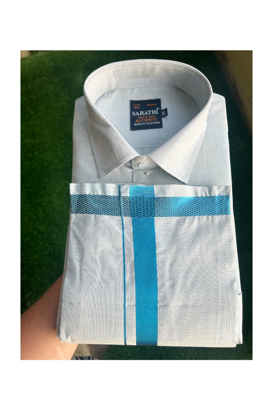 NEW! Kaitharikada Special -  Art Silk Men's Shirt & Dhoti Set - Blue Shaded Full Sleeve shirt and Blue Shaded Dhothi with Blue Kasavu Kara - 9KK6003SAR.