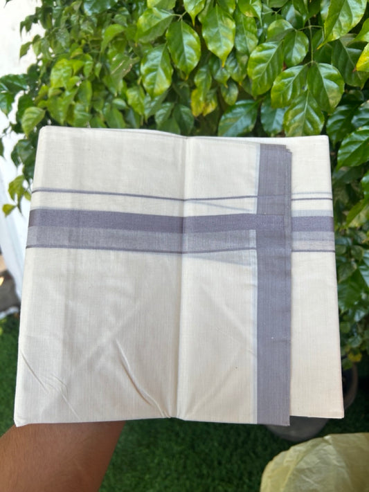 24% Discount ! KaithariKada Balaramapuram 100% Cotton Double OFF WHITE- (Unbleached) - Mundu / Dhoti- 100x80 - 1.5 inch Ash Grey Kara - 9KK5214 MC
