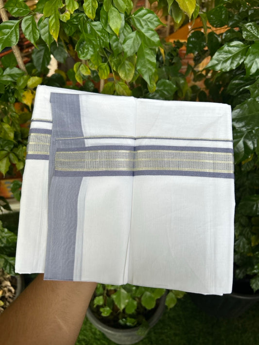 Pure White Double 20% Discount! KaithariKada 100% Cotton Pure Cotton Double Mundu / Dhoti - 100x80 - 1.5 inch Lavender Jacquard Silver Kasav Kara 3.80 meter (8 muzham) - 90 KK5220 THI