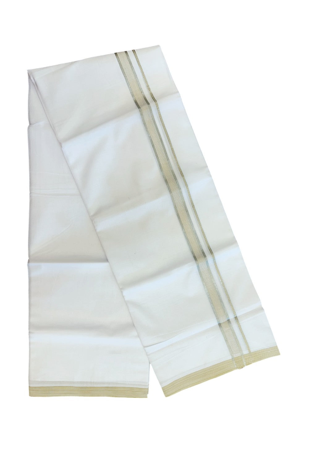 20% Discount ! Kaitharikada Balaramapuram 100% Cotton PURE WHITE Double Mundu/Dothi - 100x80 - 0.75 inch Silver Kasav & Mustard Yellow stripes Kara 3.75 mtr  (8 muzham) - 89KK5220 THI