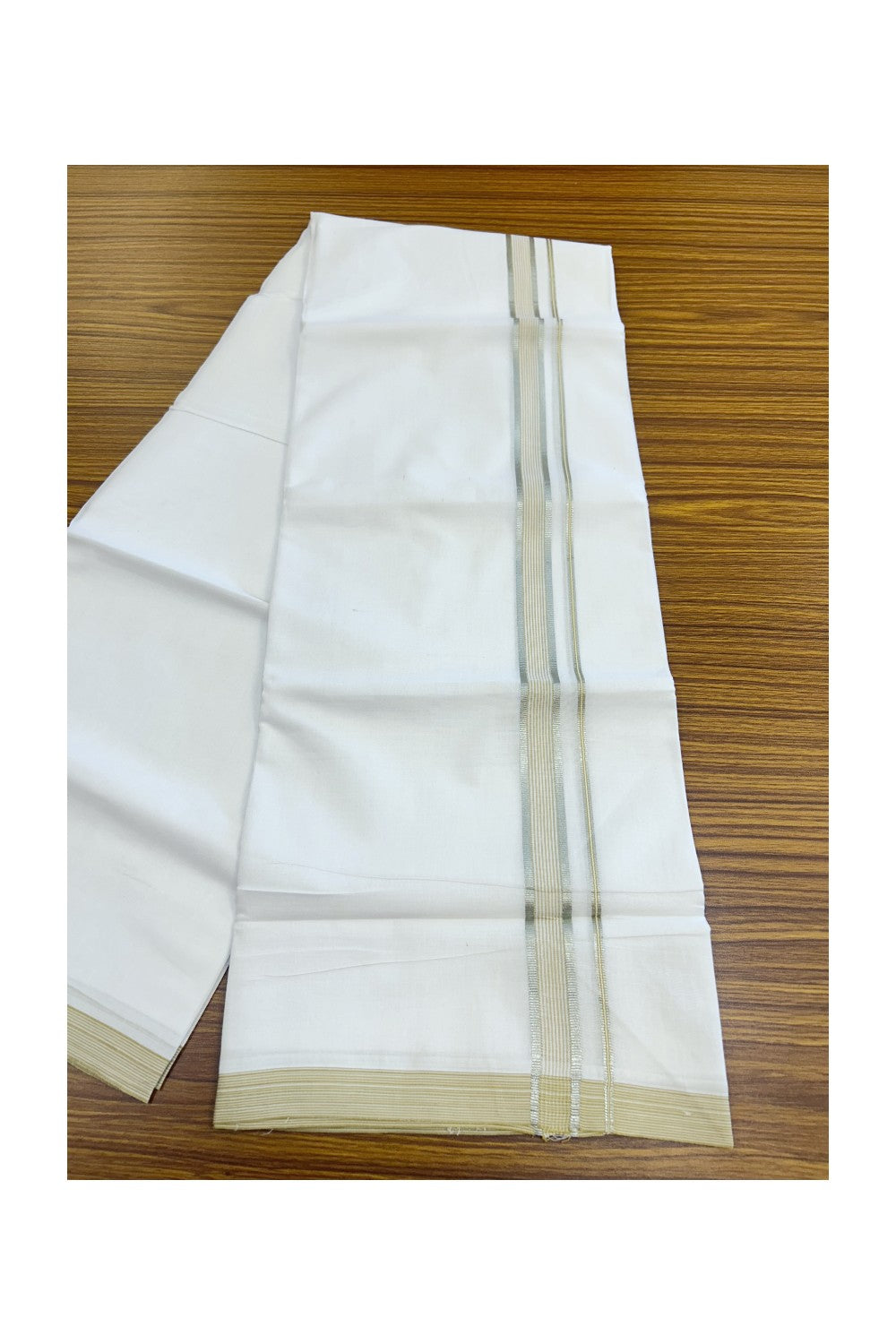 20% Discount ! Kaitharikada Balaramapuram 100% Cotton PURE WHITE Double Mundu/Dothi - 100x80 - 0.75 inch Silver Kasav & Mustard Yellow stripes Kara 3.75 mtr  (8 muzham) - 89KK5220 THI
