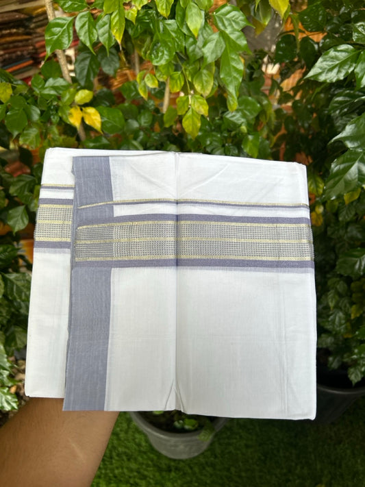 Pure White Double 20% Discount! KaithariKada 100% Cotton Pure Cotton Double Mundu / Dhoti - 100x80 - 1.75 inch Lavender Jacquard Silver Kasav Kara 3.80 meter (8 muzham) - 91 KK5220 THI