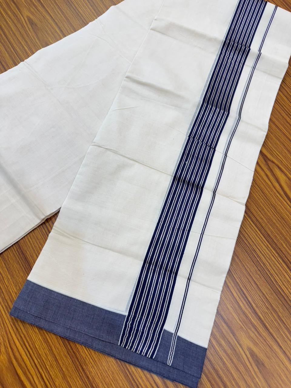 20% Discount! KaithariKada Balaramapuram 100% Cotton Off white Double Mundu/Dhoti - (100x80)S - 1.75 inch Navy Blue & Silver Kasav Striped Kara - 4mtr (8.5muzham) - 83 KK5255 VAS