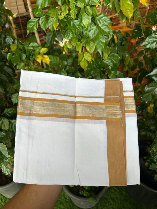 Pure White Double 20% Discount! KaithariKada 100% Cotton Pure Cotton Double Mundu / Dhoti - 100x80 - 1.5 inch Light Brown Jacquard Silver Kasav Kara 3.80 meter (8 muzham) - 93 KK5220 THI