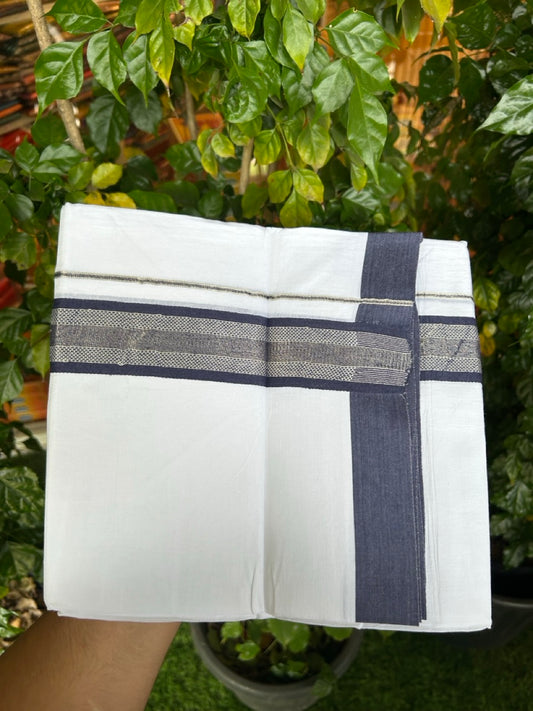 Pure White Double 20% Discount! KaithariKada 100% Cotton Pure Cotton Double Mundu / Dhoti - 100x80 - 1.5 inch Navy Blue Jacquard Silver Kasav Kara 3.80 meter (8 muzham) - 94 KK5220 THI