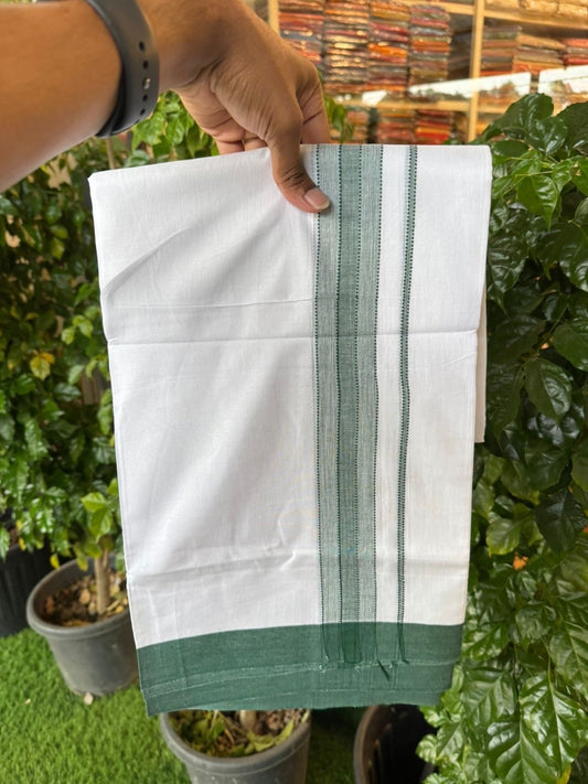 20% Discount ! KaithariKada Balaramapuram 100% Cotton Double Pure white Mundu/Dhoti- 100x80 - 1.5 inch Green shaded striped Kara - 3.90mtr ( 8 muzham) - 27 KK5251 PMC