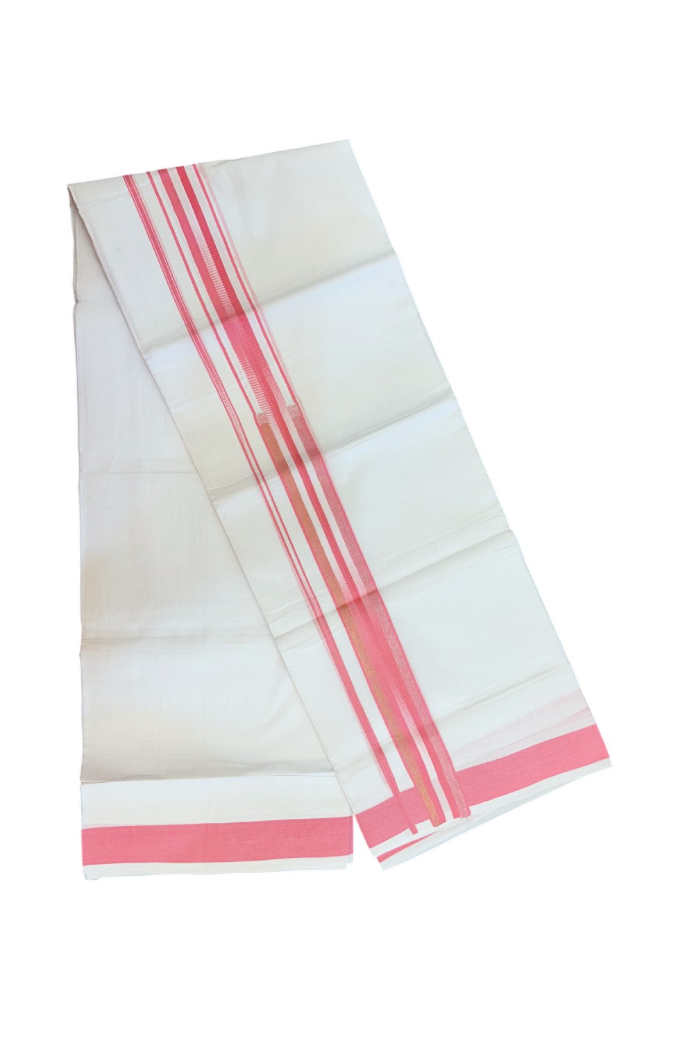 20% Discount ! Kaitharikada Balaramapuram 100% Cotton PURE WHITE Double RAINBOW  Mundu/Dothi - 100x80 - 1.75 inch Gold Kasav & Silver Kasav Pink Stripes Kara 4 mtr (8.5 muzham) - 94KK5220 THI
