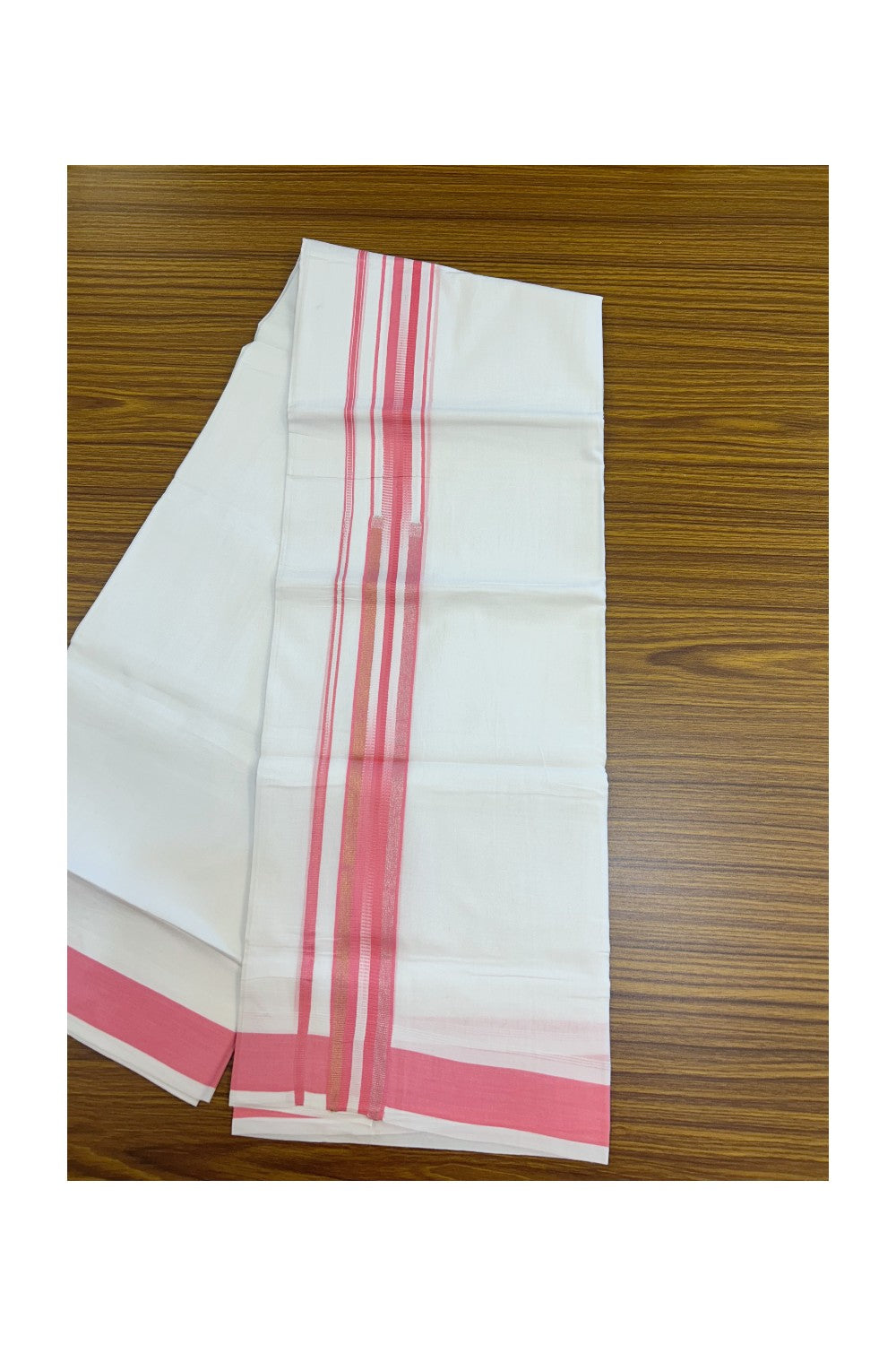 20% Discount ! Kaitharikada Balaramapuram 100% Cotton PURE WHITE Double RAINBOW  Mundu/Dothi - 100x80 - 1.75 inch Gold Kasav & Silver Kasav Pink Stripes Kara 4 mtr (8.5 muzham) - 94KK5220 THI