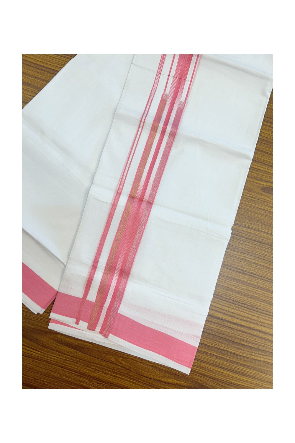 20% Discount ! Kaitharikada Balaramapuram 100% Cotton PURE WHITE Double RAINBOW  Mundu/Dothi - 100x80 - 1.75 inch Gold Kasav & Silver Kasav Pink Stripes Kara 4 mtr (8.5 muzham) - 94KK5220 THI