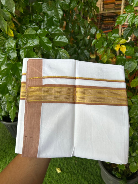 Pure White Double 20% Discount! KaithariKada 100% Cotton Pure Cotton Double Mundu / Dhoti - 100x80 - 1.75 inch Brown Jacquard Gold Kasav Kara 3.80 meter (8 muzham) - 96 KK5220 THI