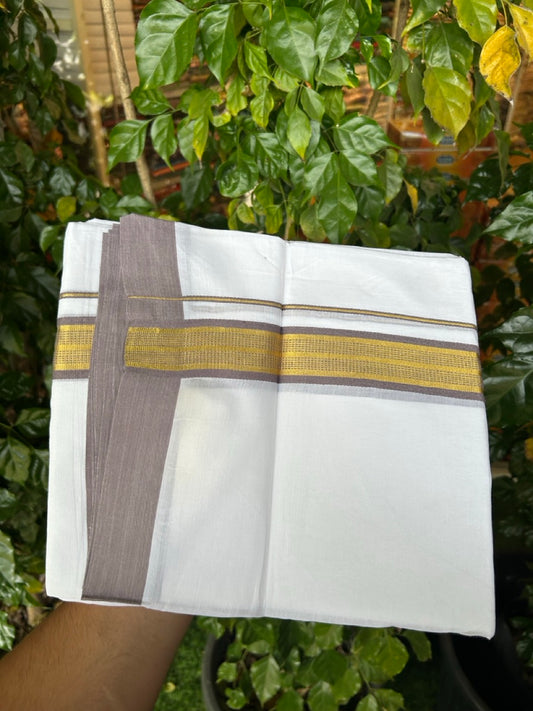 Pure White Double 20% Discount! KaithariKada 100% Cotton Pure Cotton Double Mundu / Dhoti - 100x80 - 1.5 inch Ash Lavender mix Jacquard Gold Kasav Kara 3.80 meter (8 muzham) - 97 KK5220 THI