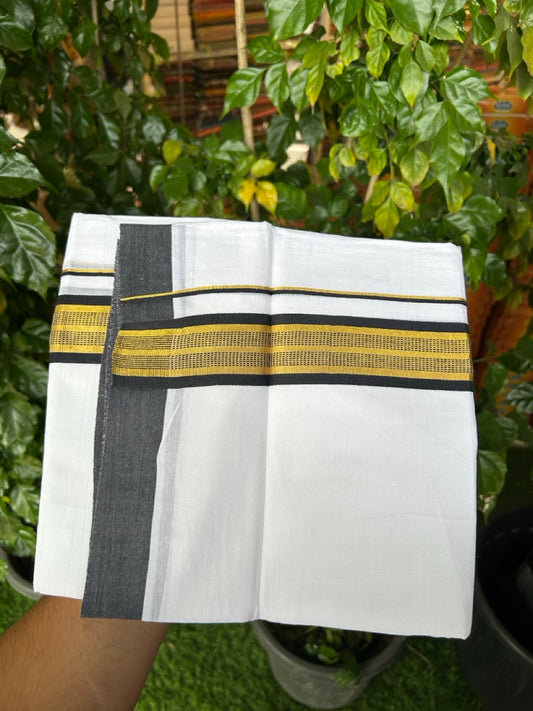 Pure White Double 20% Discount! KaithariKada 100% Cotton Pure Cotton Double Mundu / Dhoti - 100x80 - 1.5 inch Black Jacquard Gold Kasav Kara 3.80 meter (8 muzham) - 98 KK5220 THI