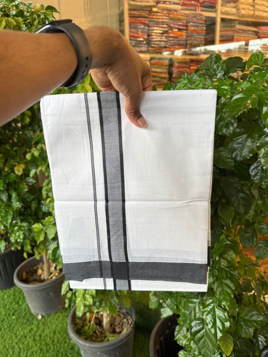 20% Discount ! KaithariKada Balaramapuram 100% Cotton Double Pure white Mundu/Dhoti- 100x80 - 1.25 inch Black shaded Kara - 3.90mtr ( 8 muzham) - 34 KK5251 PMC