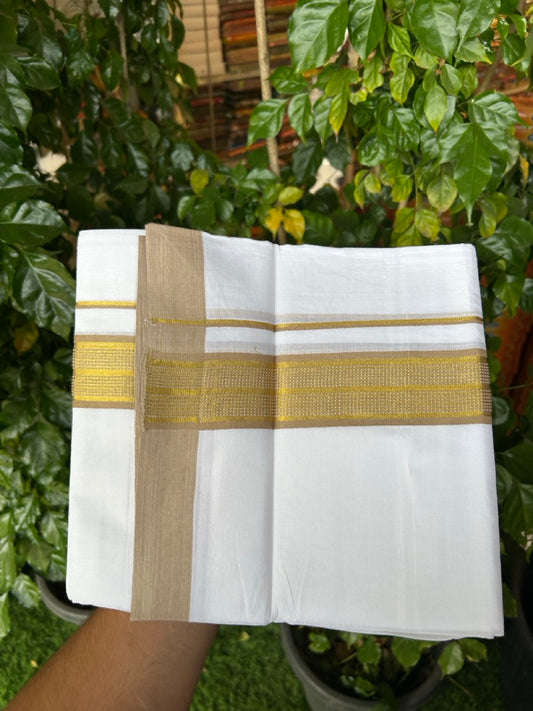 Pure White Double 20% Discount! KaithariKada 100% Cotton Pure Cotton Double Mundu / Dhoti - 100x80 - 1.5 inch Light Brown Jacquard Gold Kasav Kara 3.80 meter (8 muzham) - 99 KK5220 THI