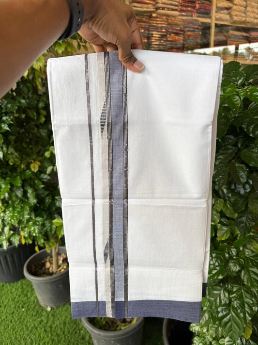20% Discount ! Kaitharikada Balaramapuram 100% Cotton Pure White Double Mundu/Dothi - 100x80 - 1.5 inch Navy Blue & Silver Kasav Design Kara 4 mtr (8.5 muzham) - 68 KK5255 VAS