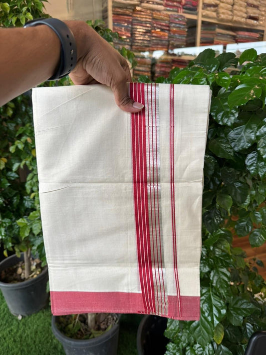 20% Discount! KaithariKada Balaramapuram 100% Cotton Off white Double Mundu/Dhoti - (100x80)S - 1.5 inch Magenta Red & Silver Kasav Striped Kara - 4mtr (8.5muzham) - 73 KK5255 VAS