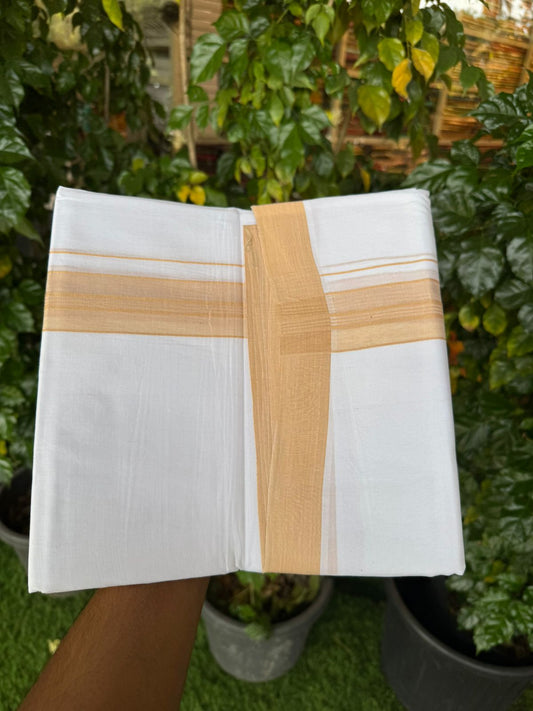4.5 Meters (10 Muzham) - Pure white double 25% Discount ! KaithariKada Balaramapuram - 100% Pure Cotton 100x80 - Mundu/Dothi - 1.75 inch Yellow Orange Shaded Kara  - 67 KK5258 THI
