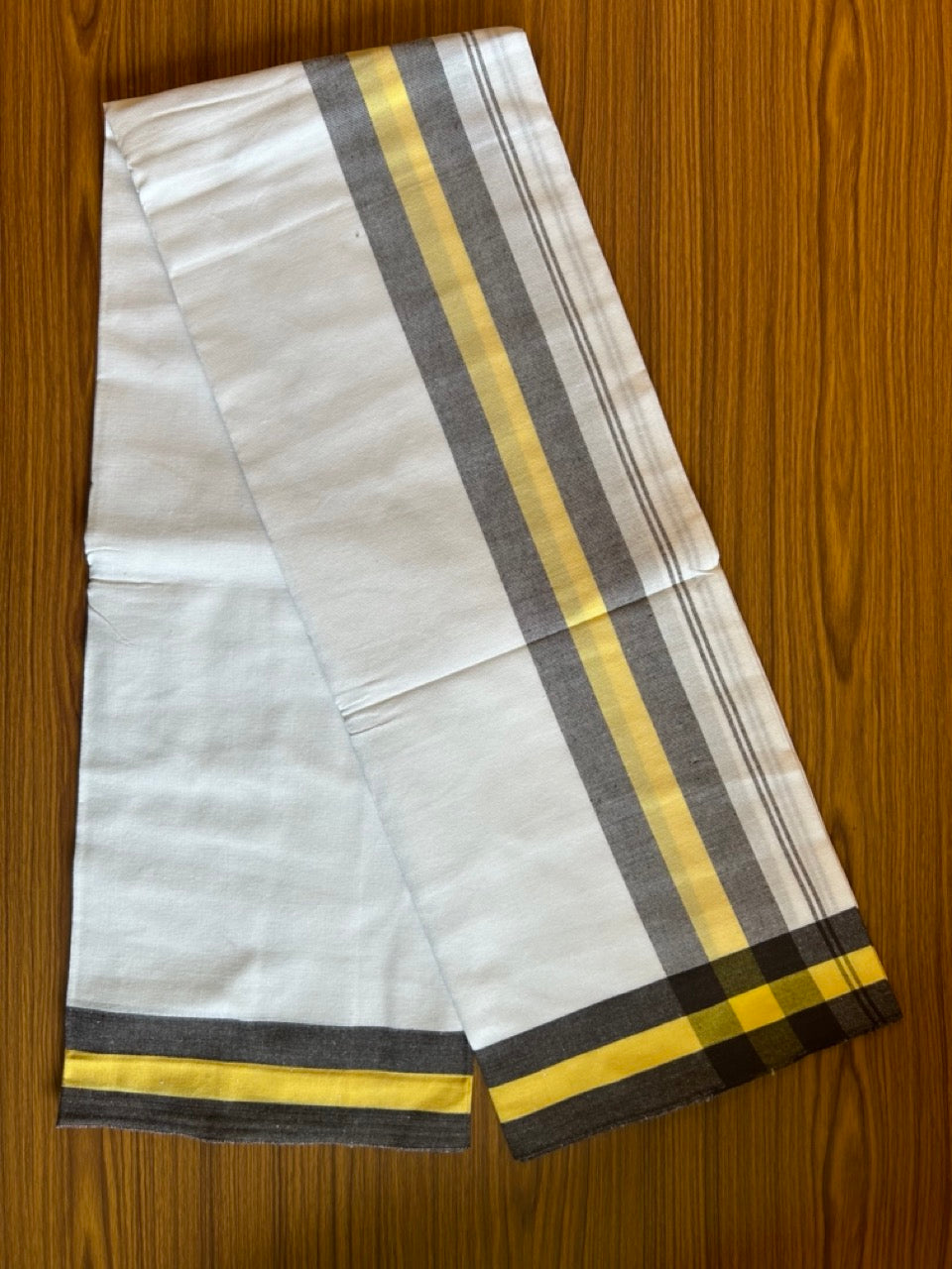 14% DISCOUNT!! Kaitharikada Soft cotton & Thick material 40s thread - Single Kaily / Lungi & Neriyath set - 4 inch Yellow & Brown kara - 3KK8001AS