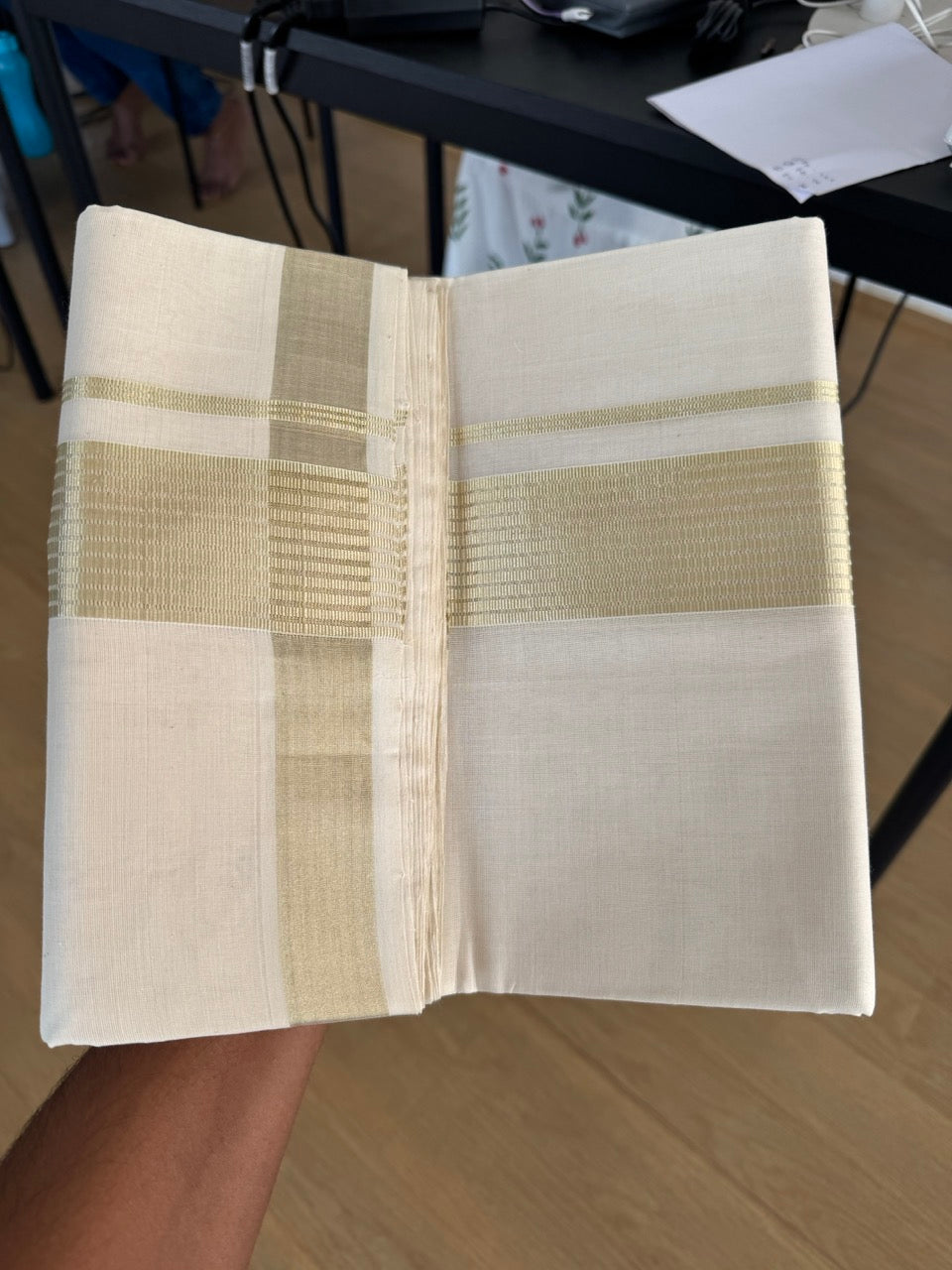Off White (Unbleached) Double Mundu/Dhoti - 25% Discount!! KaithariKada Handloom Unakkupaav - Kerala Handloom - 100% Pure Cotton - 80x90 - 2 inch Antique Light Gold Kasav Stripes Kara 4 Meters (8.5 Muzham) - 22 KK5507 RAM