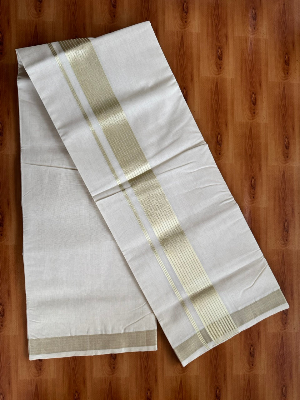 Off White (Unbleached) Double Mundu/Dhoti - 25% Discount!! KaithariKada Handloom Unakkupaav - Kerala Handloom - 100% Pure Cotton - 80x90 - 2 inch Antique Light Gold Kasav Stripes Kara 4 Meters (8.5 Muzham) - 22 KK5507 RAM