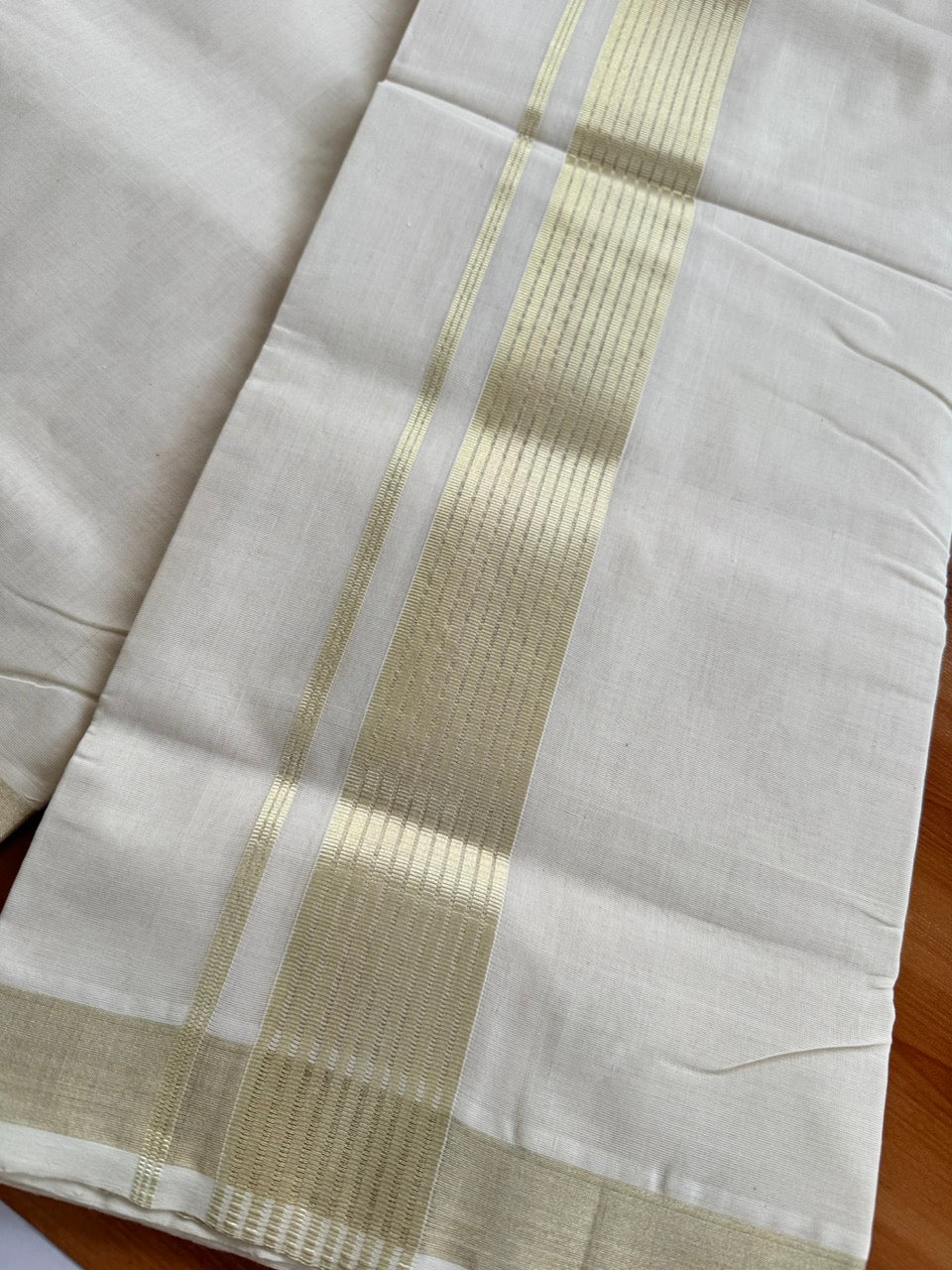Off White (Unbleached) Double Mundu/Dhoti - 25% Discount!! KaithariKada Handloom Unakkupaav - Kerala Handloom - 100% Pure Cotton - 80x90 - 2 inch Antique Light Gold Kasav Kara 4 Meters (8.5 Muzham) - 26 KK5507 RAM