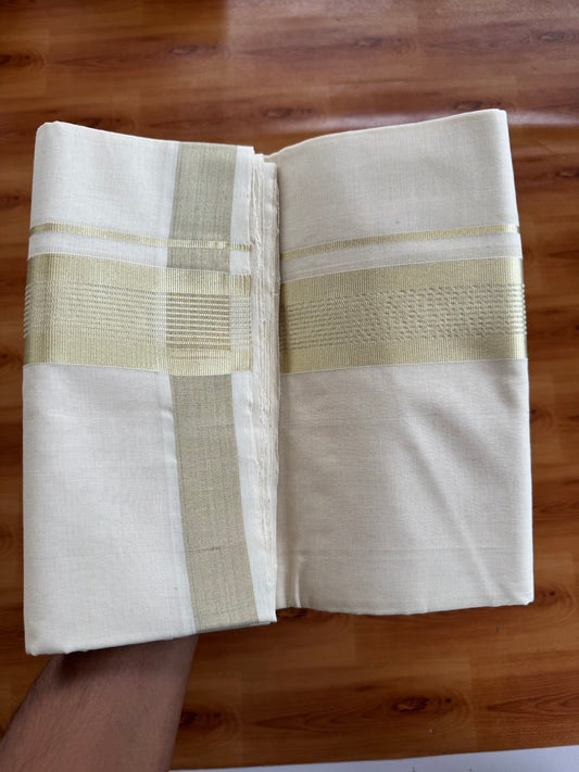 Off White (Unbleached) Double Mundu/Dhoti - 25% Discount!! KaithariKada Handloom Unakkupaav - Kerala Handloom - 100% Pure Cotton - 80x90 - 2 inch Antique Light Gold Kasav Stripes Kara 4 Meters (8.5 Muzham) - 23 KK5507 RAM