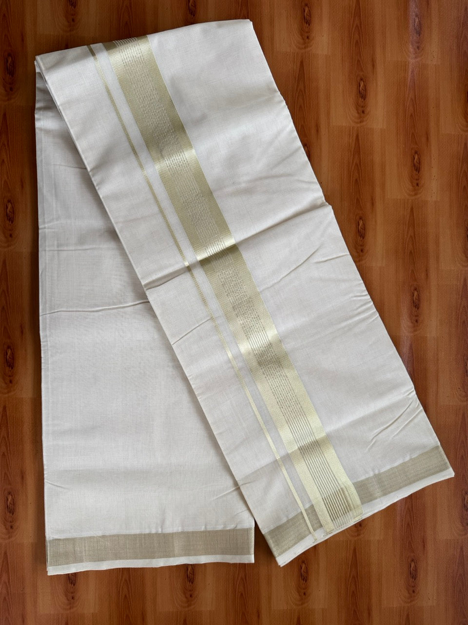 Off White (Unbleached) Double Mundu/Dhoti - 25% Discount!! KaithariKada Handloom Unakkupaav - Kerala Handloom - 100% Pure Cotton - 80x90 - 2 inch Antique Light Gold Kasav Stripes Kara 4 Meters (8.5 Muzham) - 23 KK5507 RAM
