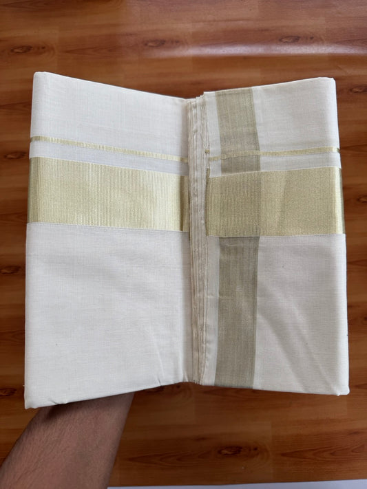 Off White (Unbleached) Double Mundu/Dhoti - 25% Discount!! KaithariKada Handloom Unakkupaav - Kerala Handloom - 100% Pure Cotton - 80x90 - 2 inch Antique Light Gold Kasav Kara 4 Meters (8.5 Muzham) - 24 KK5507 RAM