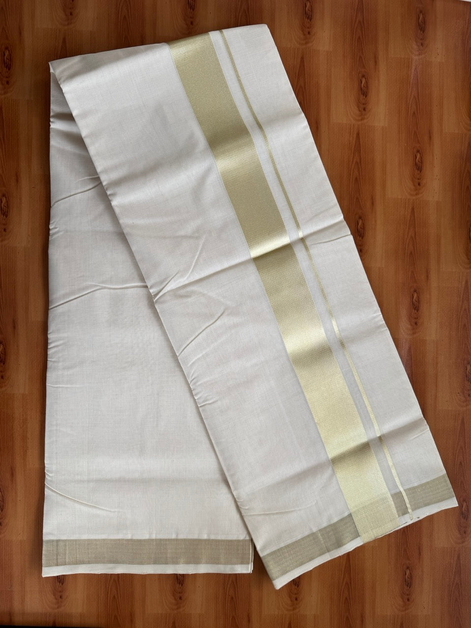 Off White (Unbleached) Double Mundu/Dhoti - 25% Discount!! KaithariKada Handloom Unakkupaav - Kerala Handloom - 100% Pure Cotton - 80x90 - 2 inch Antique Light Gold Kasav Kara 4 Meters (8.5 Muzham) - 24 KK5507 RAM