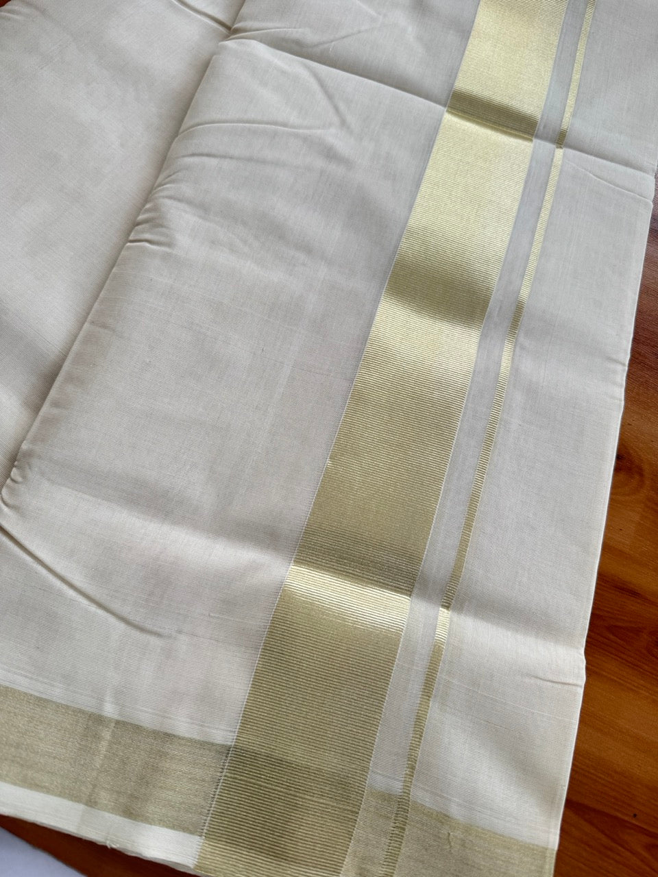 Off White (Unbleached) Double Mundu/Dhoti - 25% Discount!! KaithariKada Handloom Unakkupaav - Kerala Handloom - 100% Pure Cotton - 80x90 - 2 inch Antique Light Gold Kasav Kara 4 Meters (8.5 Muzham) - 24 KK5507 RAM