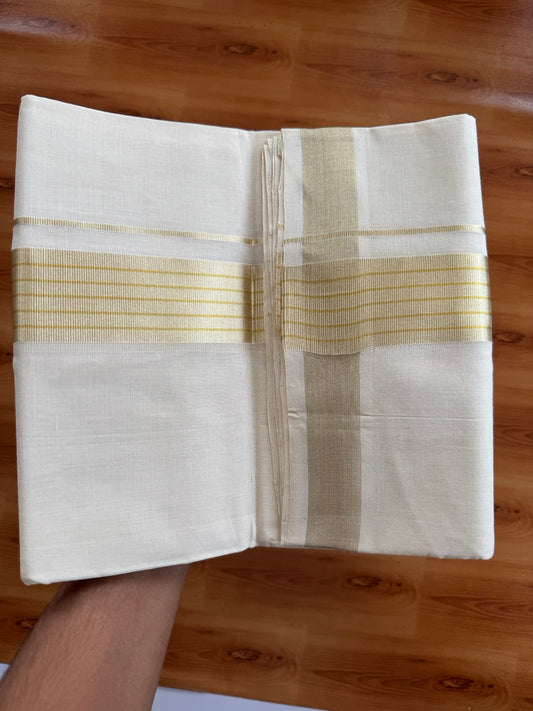 Off White (Unbleached) Double Mundu/Dhoti - 25% Discount!! KaithariKada Handloom Unakkupaav - Kerala Handloom - 100% Pure Cotton - 80x90 - 1.75 inch Antique Light Gold Kasav Kara 4 Meters (8.5 Muzham) - 25 KK5507 RAM