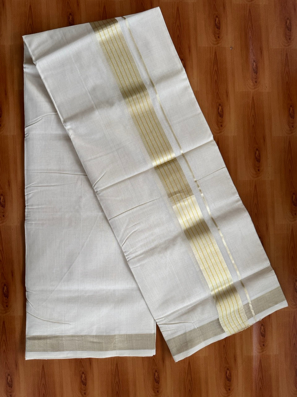 Off White (Unbleached) Double Mundu/Dhoti - 25% Discount!! KaithariKada Handloom Unakkupaav - Kerala Handloom - 100% Pure Cotton - 80x90 - 1.75 inch Antique Light Gold Kasav Kara 4 Meters (8.5 Muzham) - 25 KK5507 RAM