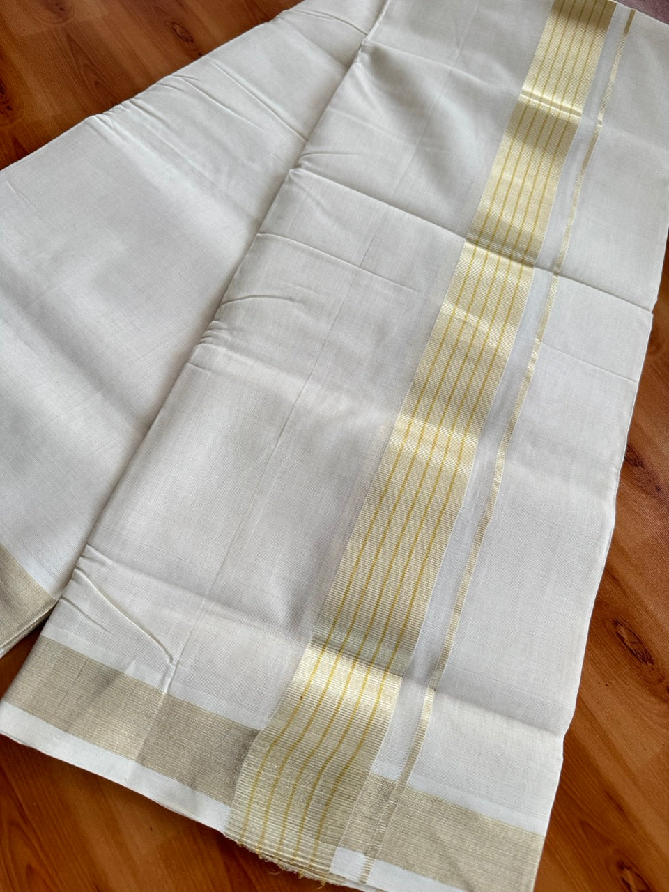 Off White (Unbleached) Double Mundu/Dhoti - 25% Discount!! KaithariKada Handloom Unakkupaav - Kerala Handloom - 100% Pure Cotton - 80x90 - 1.75 inch Antique Light Gold Kasav Kara 4 Meters (8.5 Muzham) - 25 KK5507 RAM