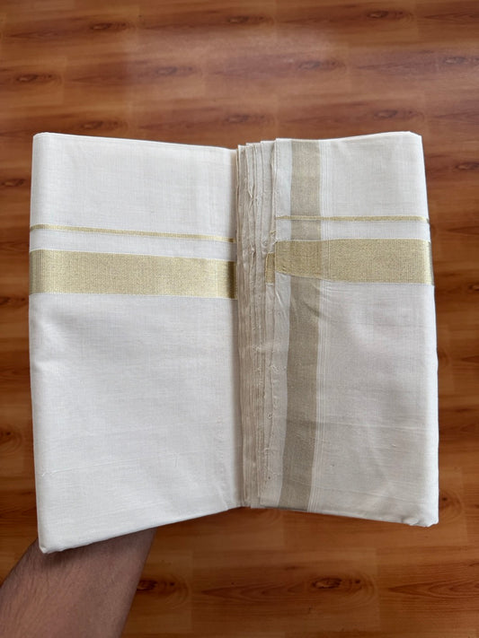 Off White (Unbleached) Double Mundu/Dhoti - 25% Discount!! KaithariKada Handloom Unakkupaav - Kerala Handloom - 100% Pure Cotton - 80x90 - 1 inch Antique Light Gold Kasav Kara 4 Meters (8.5 Muzham) - 28 KK5507 RAM