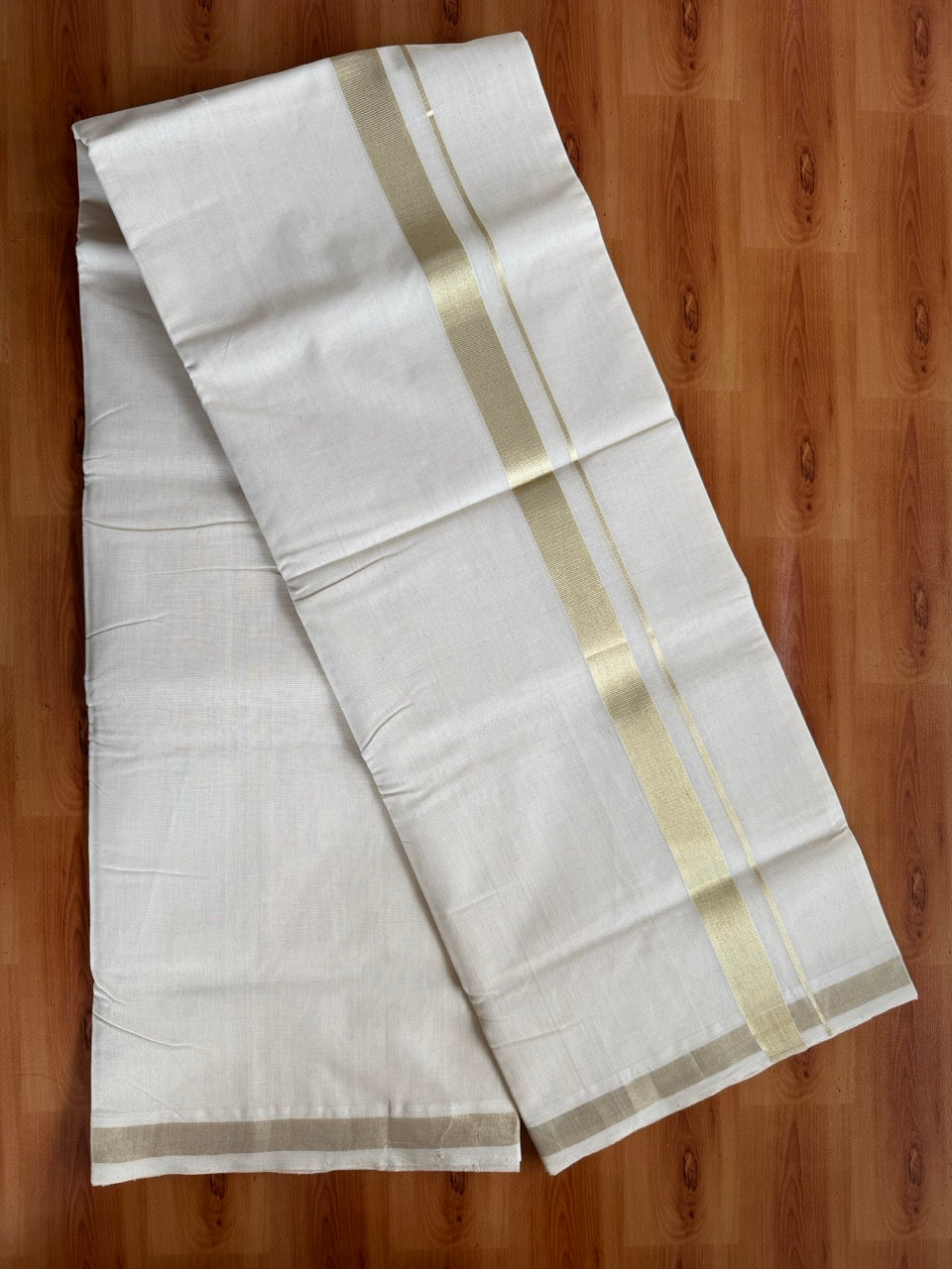 Off White (Unbleached) Double Mundu/Dhoti - 25% Discount!! KaithariKada Handloom Unakkupaav - Kerala Handloom - 100% Pure Cotton - 80x90 - 1 inch Antique Light Gold Kasav Kara 4 Meters (8.5 Muzham) - 28 KK5507 RAM