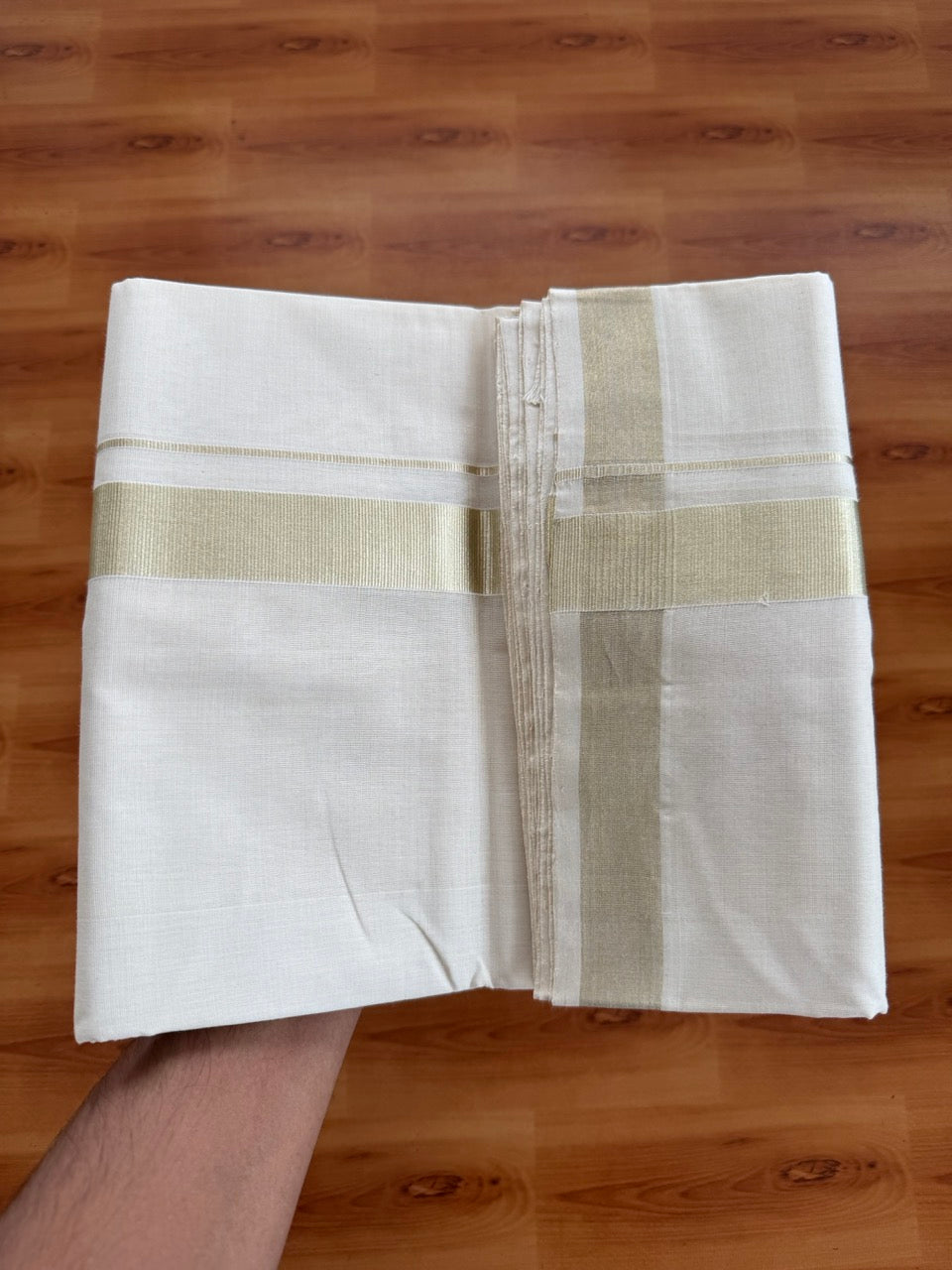 Off White (Unbleached) Double Mundu/Dhoti - 25% Discount!! KaithariKada Handloom Unakkupaav - Kerala Handloom - 100% Pure Cotton - 80x90 - 1.25 inch Antique Light Gold Kasav Kara 4 Meters (8.5 Muzham) - 27 KK5507 RAM