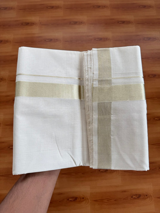 Off White (Unbleached) Double Mundu/Dhoti - 25% Discount!! KaithariKada Handloom Unakkupaav - Kerala Handloom - 100% Pure Cotton - 80x90 - 1.25 inch Antique Light Gold Kasav Kara 4 Meters (8.5 Muzham) - 27 KK5507 RAM